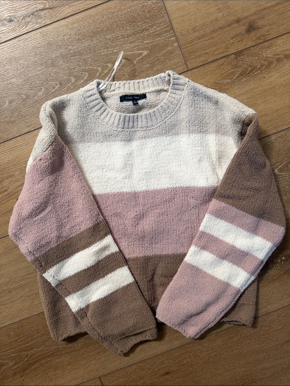 Love tree Striped Colorblock Crewneck Sweater - White, Pink & taupe